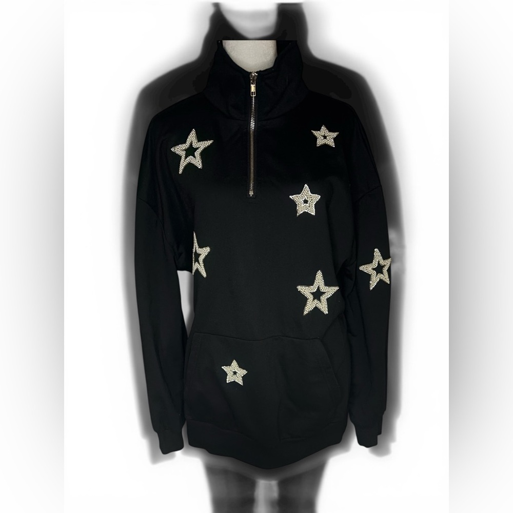 Black Half-Zip Pullover with Rhinestone Stars